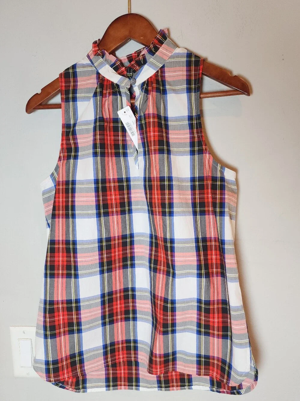 NWT J. Crew Ruffle-Neck Sleeveless Top Red Holiday Tartan Plaid Cotton Poplin 0